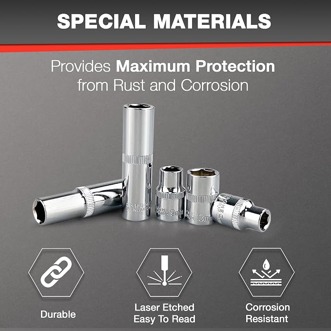 EACELIY 44pcs 3/8" Drive Impact Socket Set,Drive Master Socket Set,SAE/Metric, Deep & Shallow with 3/8" Drive Head Ratchet,Universal Joint,Extension bar (3” & 6”),6 Point,CR-V Steel，Mirror Chrome