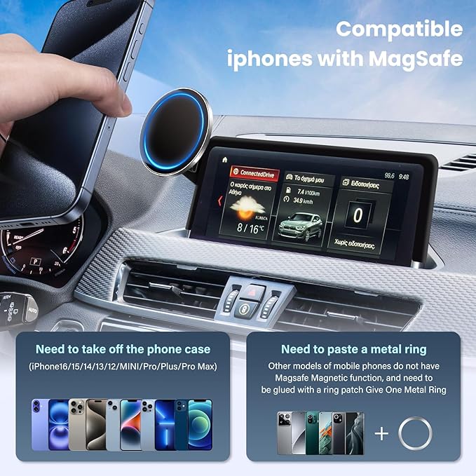 Magnetic Car Phone Holder-Compatible with BMW X1 X2 2016-2019 Accessories 6.5 inch Touchscreen Fixed Clip,360°Rotation Magnetic Phones Stand Compatible with MagSafe (not fit 8.8 inch)