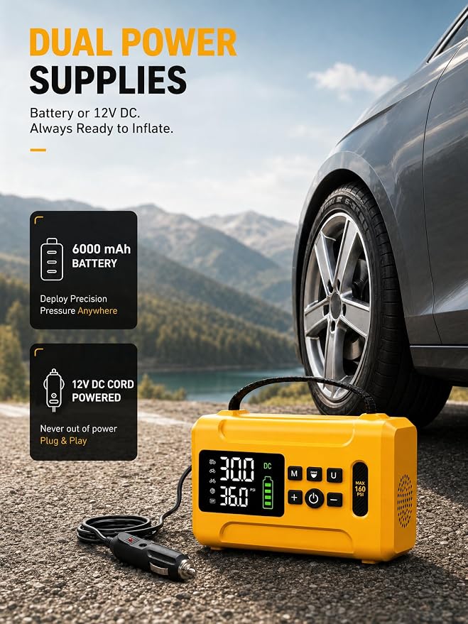 Tire Inflator Portable Air Compressor 160 PSI Air Pump for Car Tires 6000 mAh & 12V DC Powered Fast 24L/min, Digital Tire Pressure Gauge, LED Lights, 5 Modes Auto Shut-off (Yellow, 6000 mAh)