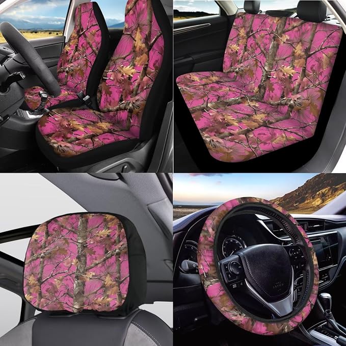 KEIAHUAN Pink Camo Hunting Car Seat Cover Full Set 11 Pieces Front & Back Seat Covers with Handbrake and Gear Shift Knob Cover, Headrest Cover, Coasters, Non-Slip Car Steering Wheel Cover, Coasters