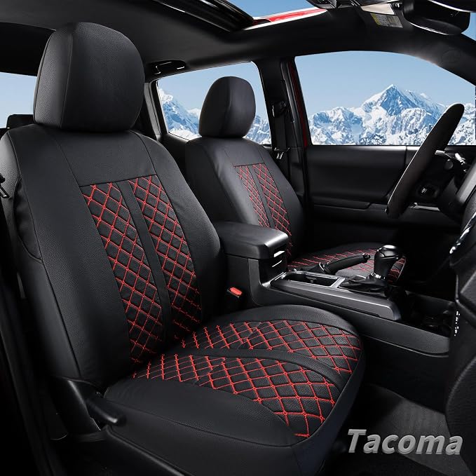 Truckiipa Tacoma Truck Seat Covers Full Set Leather Waterproof Seat Covers Fit for 2005-2015 Toyota Tacoma Double Crew Cab, Full Set, Black&Red