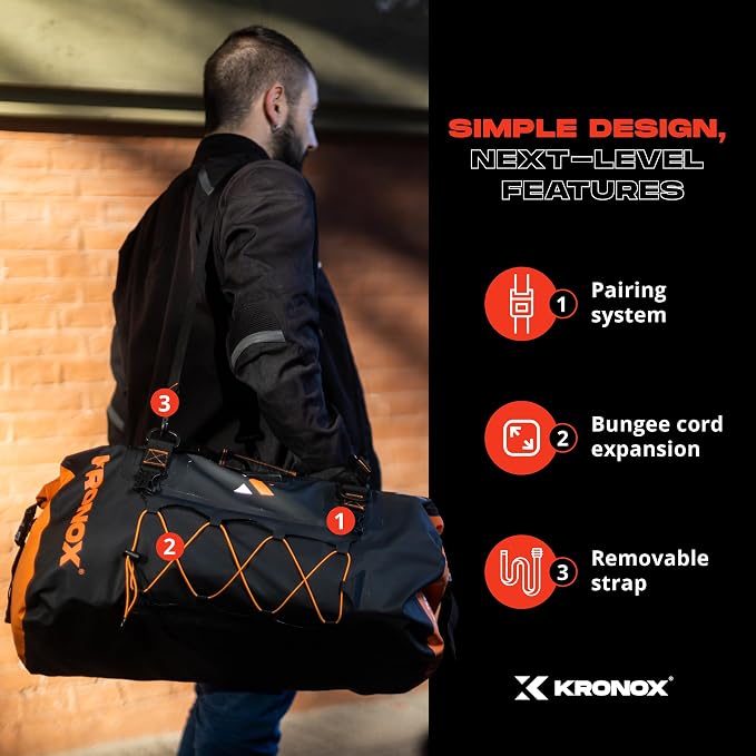 KRONOX Motorcycle Duffel Bag Waterproof, 25L Grey – Durable Motorcycle Luggage & Saddle Bags. Back Seat Dry Bag for Travel, Commute & Dirt Bike Gear