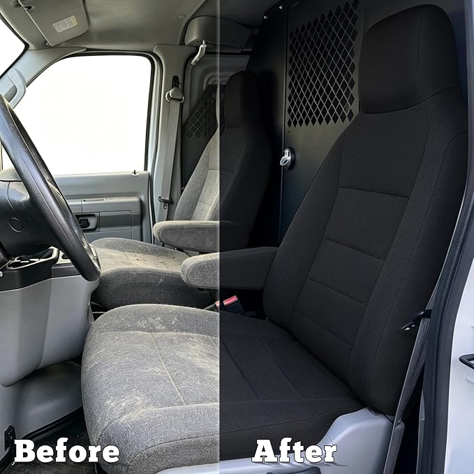 Heavy Duty Composite Fabric Protection Front Seat Covers for Ford E-150/E-250/E-350 Van 2009-2014 E-Series Cutaway/Stripped Chassis 2015-2026 High Back Bucket Seats Molded Headrest - Black