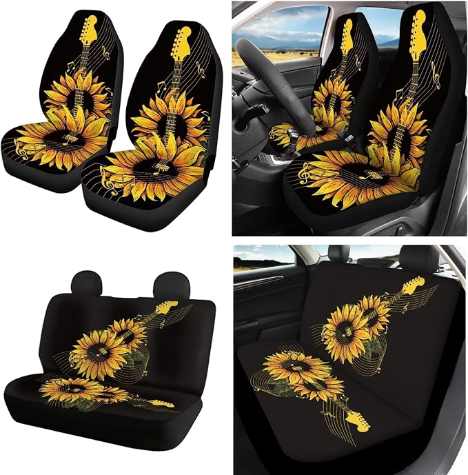 POLERO Music Note Sunflower Guitar Car Front and Rear Bench Seat Cover Full Set for Music Lovers Teachers 11pcs Car Accessories