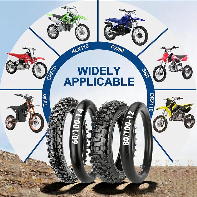 Rear 80/100-12 3.00-12 Front 60/100-14 2.50-14 Dirt Bike Tire and Inner Tube for Tuttio Soleil01 Honda XR70 CRF70 CRF110 KLX110 PW80 TTR90 DRZ110 SSR 125cc 110cc Dirt Bike Off Road Motocross Parts