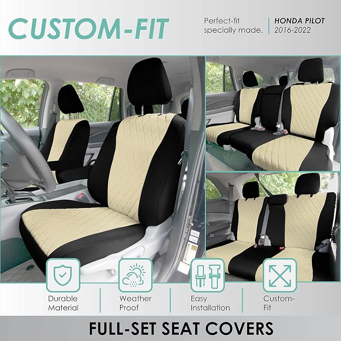 FH Group Custom Fit Car Seat Covers Specifically Made for 2016–2022 Honda Pilot, 3 Row Full Set Beige Ultraflex Neoprene, Waterproof Car Seat Cover, Honda Accessories