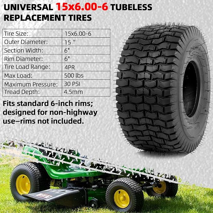 AR-PRO (2-Pack) 15x6.00-6 Tubeless Tire, 15x6-6 Lawn Mower Garden Tractor Tire, 4 Ply with Turf Treads