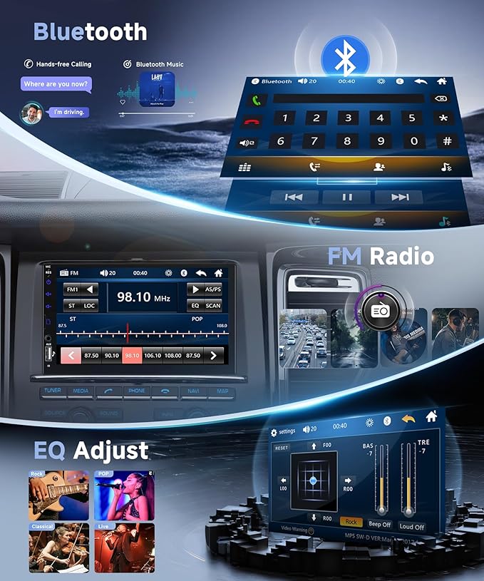 Single Din Car Radio with Bluetooth iOS/Android Mirror Link, 7 Inch Touch Screen Car Stereo 1 Din with Backup Camera Bluetooth Hands-Free FM Radio USB EQ AUX TF Steering Wheel Control