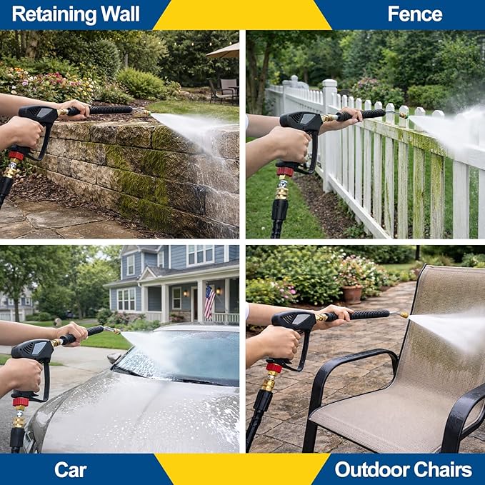TOOLCY Pro Pressure Washer Gun and Wand, 5000 PSI High Pressure Washer Gun with 18" Curved Extension Wand, 360° Swivel, 1/4" Quick Connect Outlet, Includes 3/8" QC to M22-14mm Adapter & 5 Nozzle Tips