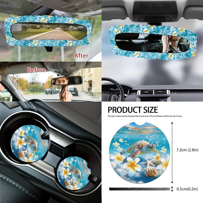 Sea Turtle Print Car Seat Covers Full Set Plumeria Starfish Print Front and Rear Car Seat Covers with Steering Wheel Cover Center Console Pad Safety Belt Pads Rearview Mirror Cover