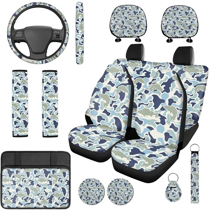 Bulopur Fish Camo Vehicle Seat Covers Front and Back with Auto 15 Inch Steering Wheel Cover Decorative Armrest Cover Comfortable Vehicle Seat Belt Covers 14 PCS Car Interior Accessories Set