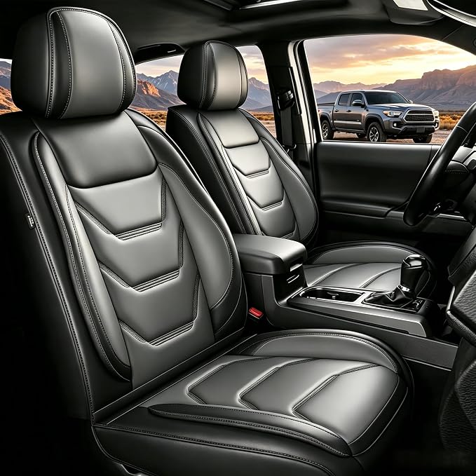 Seat Covers Compatible with 2024 2025 2026 Toyota Tacoma Double Crew Cab Waterproof Leather Seat Protectors for Trucks (5pc Full Set, Black&Grey)