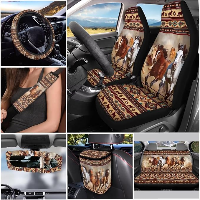 Aztec Horse 12 Pack Car Seat Covers Full Set Car Steering Wheel Cover Car Seat Belt Cover Car Trash Can Car Rear View Mirror Cover Car Cup Coasters Keychain Holder Keychains