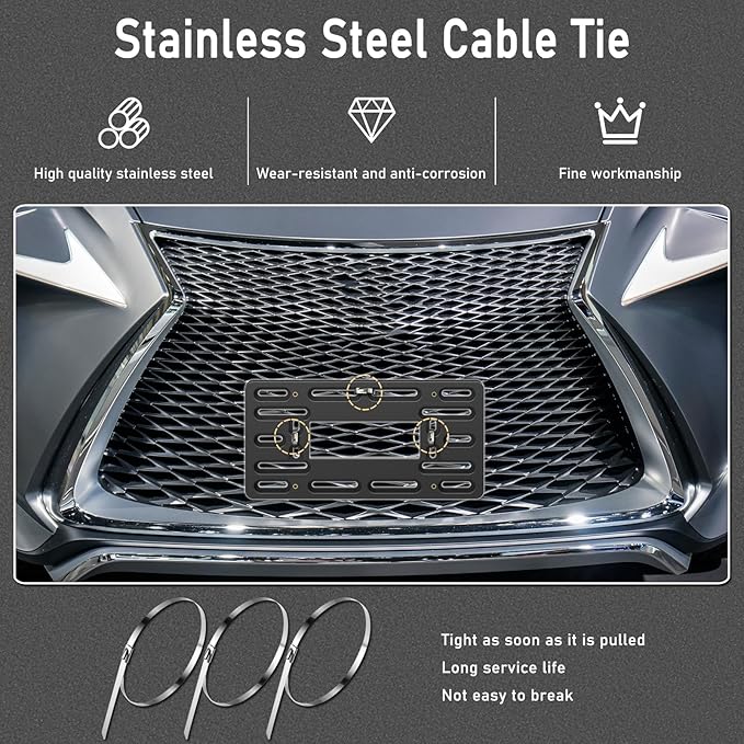 BGGTMO License Plate Bracket Holder- Front License Plate Mounting Kit, Universal Bumper Car Tag Frame Mount Adapter with Stainless Steel Screw Cap, Cable Ties