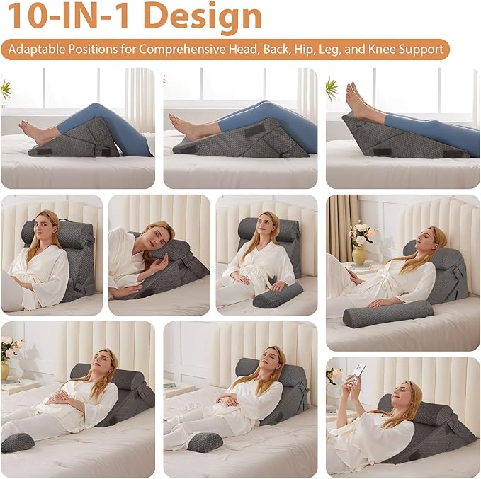 BIEEZZK 4PCS Wedge Pillow Set for After Surgery, Back Pillow for Bed Sitting up, 9&12inch Adjustable Memory Foam Bed Wedges, Pillow Wedge for Acid Reflux, Back Pain Relief, Snoring, Dark Grey