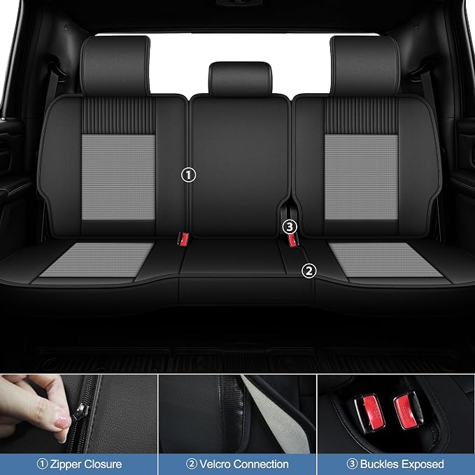 for Dodge RAM 1500 2500 3500 2012-2026 Full Set Seat Covers | Custom Fit Truck Faux Leather Ice Silk Bighorn Laramie Tradesman Cab Breathable Cooling Seat Protectors (5 Seats, Black&Grey)