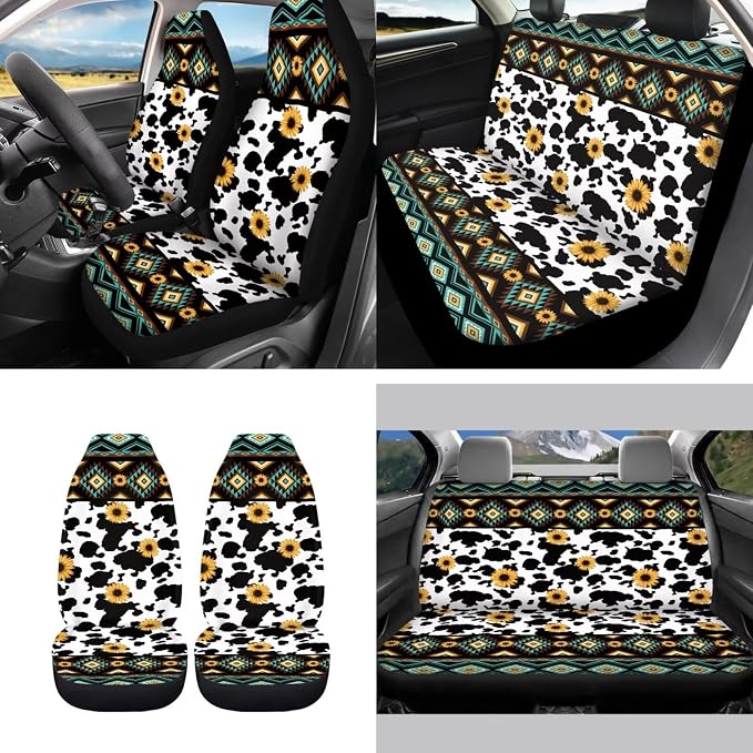 Aztec Cow Geometric Seat Covers for Car,11Pack Cow Auto Seat Covers for Front Back,Universal Fit Most Vehicle Truck SUV,Auto Steering Wheel Cover Seatbelt Pads Keychain Cup Holder Coasters
