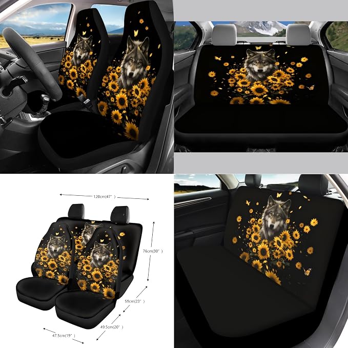 Wolf Sunflower Butterfly Print 15 Pack Car Seat Cover Set with Steering Wheel Covers Seatbelt Strap Pad Garbage Cans Rear View Mirror Cover Coasters Key Chain Universal Fit