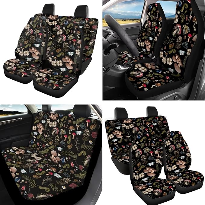 Mushroom Car Seat Covers with Butterfly Snail Daisy Flower Seat Protection for Vehicle SUV Truck,Durable Non Slip Auto Steering Wheel Covers Coaster Keychains Seatbelt Pads Armrest Pad 12 Pcs