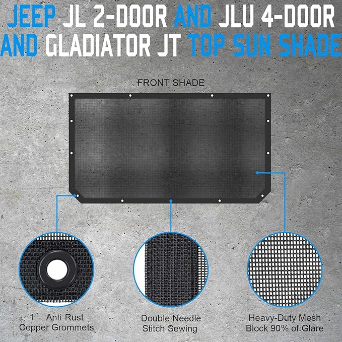 JT JL Top Sun Shade Roof Compatible with Jeep Wrangler and Gladiator 2 or 4 Door 2018 to 2023 Sunshade Sunroof Blocks UV Wind Noise Black Mesh for Front