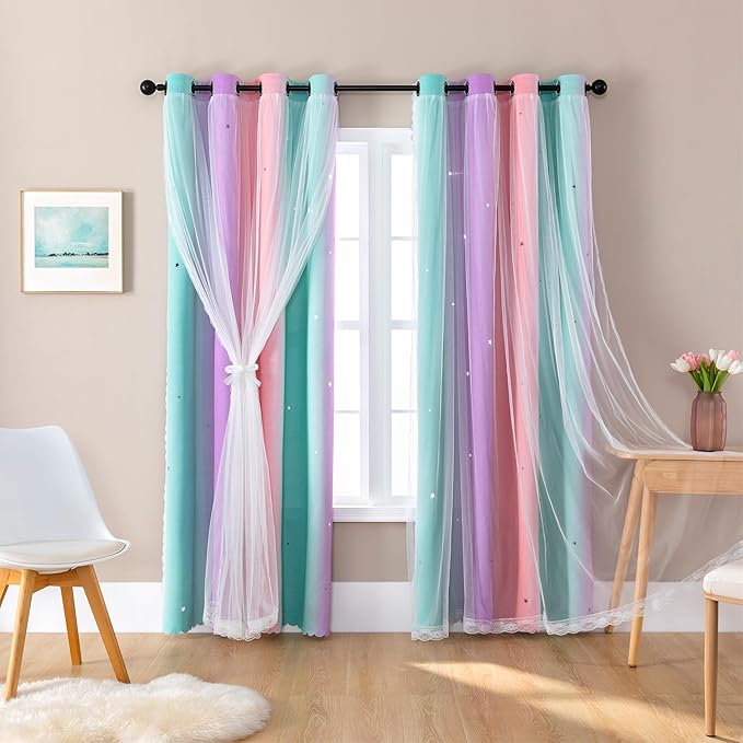 XiDi Blackout Curtains 90 Inches Long for Girl Bedroom Decor Kids Rainbow Pink Curtains Princess Room Darkening Thermal Insulated Grommet Window Drapes Nursery Pink Purple Green 42x90 2 Panels Set