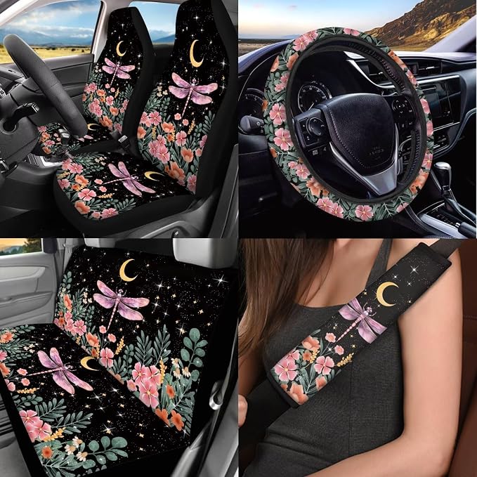 Dragonfly Print Car Seat Covers Full Set with Steering Wheel Cover Auto Seat Belt Cover Car Trash Can Car Rear View Mirror Cover Car Coasters Chapstick Holder，12 Pieces