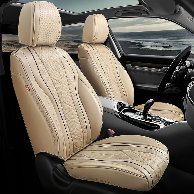 Auto Dynasty Car Seat Covers Front Set, Anti-Slip Automotive Interior Covers with Storage Pocket, Breathable Car Seat Protectors, Airbag Compatible, Universal Fit Most Vehicles, Beige (Touring Series)