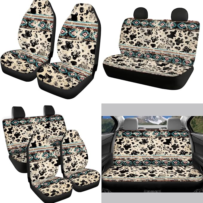 Western Aztec Cow Automotive Seat Cover Full Set Car Protection Accessory,Comfy Elastic Front Rear Bench Seat Cover for Most Vehicle,Steering Wheel Cover,Cow Keychain,Coaster,Seat Belt,Armrest