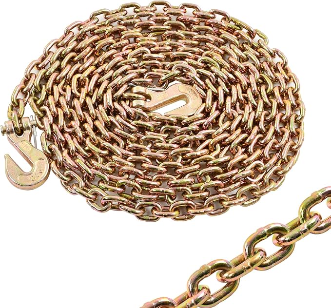 Heavy Duty G80 Transport Binder Chain 1/4'' Inch x 16 Feet,Tow Chain with G70 Clevis Grab Hooks,3300 lbs Safe Working Load Logging Chain for Transporting, Towing(1/4'' x 16FT Yellow).
