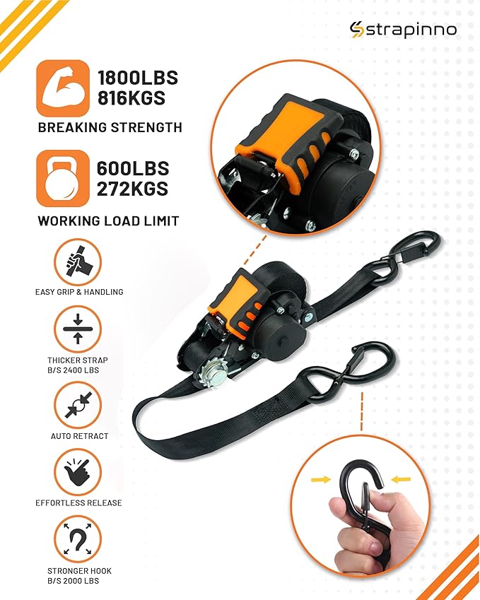Strapinno Retractable Ratchet Straps - 1 in x 12 ft Heavy Duty Tie Downs, 1800lbs Breaking Strength Each, S Hooks with Safety Clip, AutoRetract, for Moving, Motorcycle, Boat, Kayak, and Cargo (4 PCS)