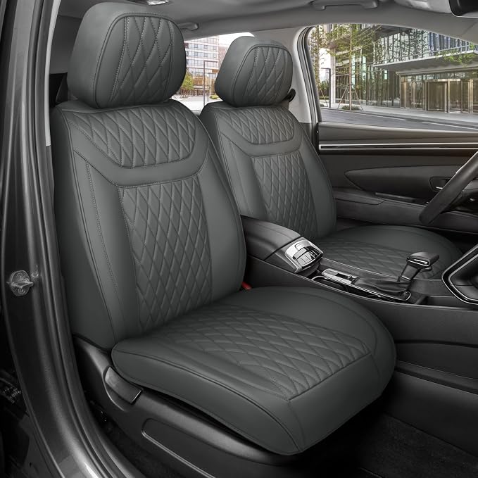 MotorBox Creekstone Series – PU Leather Seat Covers for Cars, Creekstone Series Cross-Stitch Edition Front Seat Covers, Diamond Stitched PU Leatherette Gray Car Seat Covers for Cars Trucks SUVs