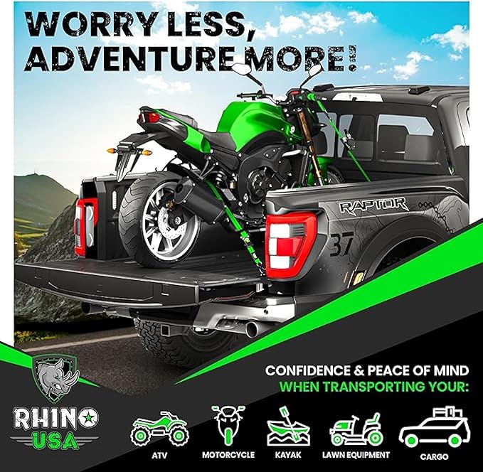 Rhino USA Retractable Ratchet Straps (4-Pack) - 1 Inch x 10 Feet (1,209lb Break Strength) - Auto Self Retracting Tie Down Straps for Truck, Cargo Trailer, Motorcycle, ATV, UTV - Green