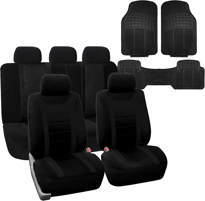 FH Group Car Seat Covers Universal Fit Full Set Interior Accessories, Sports Black Seat Covers with Airbag and Split Rear Automotive Combo Vinyl Floor Mats Seat Covers for Cars Vans Trucks and SUV