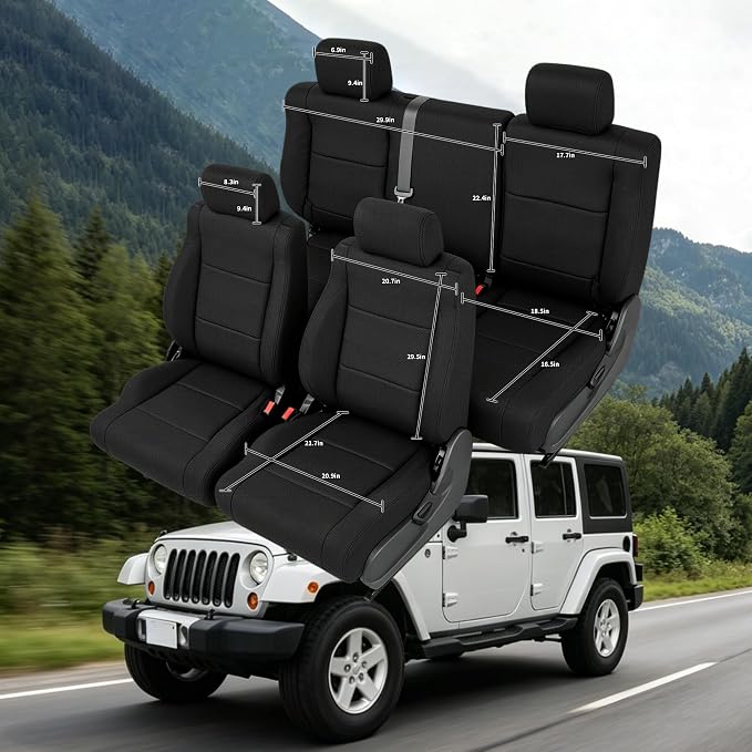 Custom Seat Covers for Jeep Wrangler Unlimited 4-Door 2008 2009 2010 Heavy Duty Cloth Protector Interior Accessories，Waterproof & Machine Washable, Foam Padded - Black（Front & Rear）