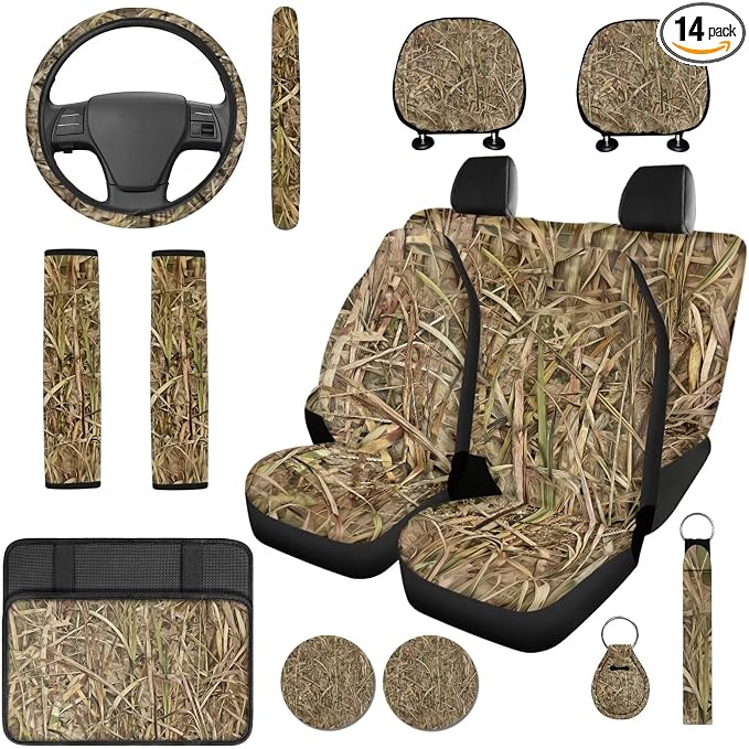 Bulopur Deer Hunting Camouflage Auto Seat Covers Full Set with Matching Steering Wheel Cover Center Console Cushion Auto Seat Belt Covers Coasters 14 PCS Car Interior Decor Set