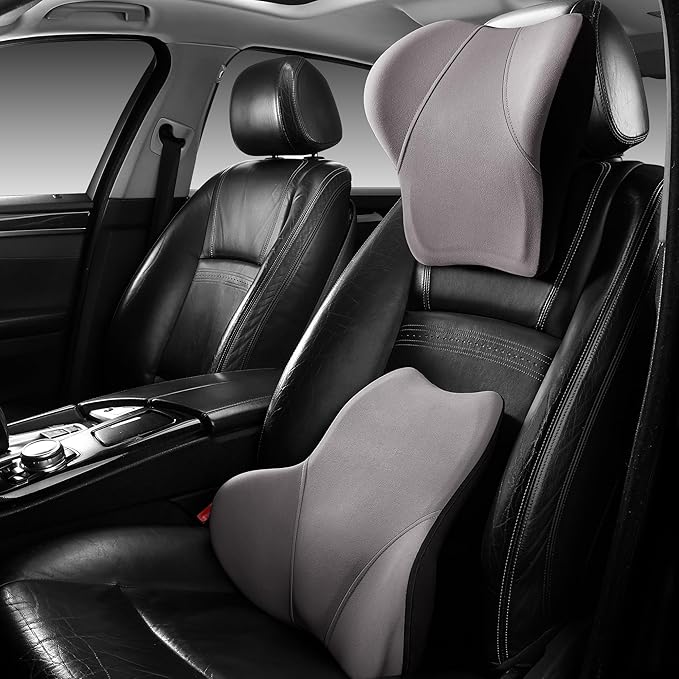 Car Seat Lumber Support Pillow&Neck Pillow Kit,Ergonomic Memery Foam Neck Pillow and Back Cushion for Back Pain Relief,Comfort for Car,Office