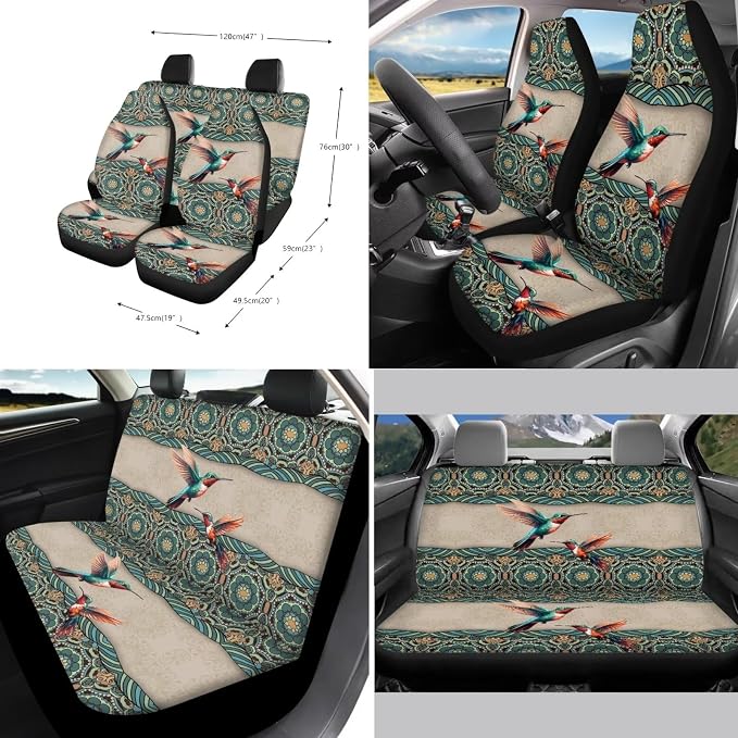 Suobstales Boho Hummingbird Mandala Car Seat Cover for Women Full Set SUV Interior Accessories Front/Back Bench Bucket Seat Cover,Steering Wheel Cover,Seat Belt Cover,Cup Holder Coasters,Keychain