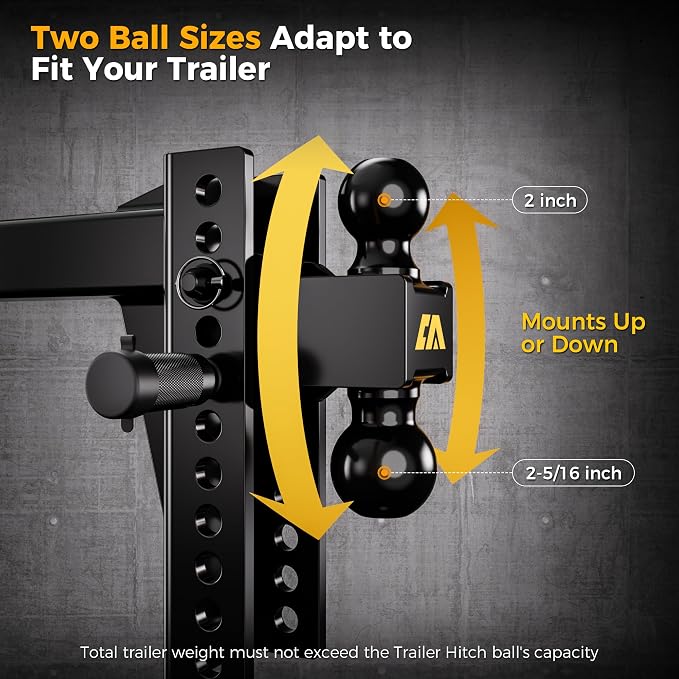 CAMMOO Adjustable Trailer Hitch, Tow Hitch Fits 2 inch Receiver, 8 inch Rise/Drop Hitch, 2" and 2-5/16" Ball Hitch, 20000 LBS GTW Truck Hitch with U-Shaped Alloy Steel Anti-Theft Pin, Black, ML-2080
