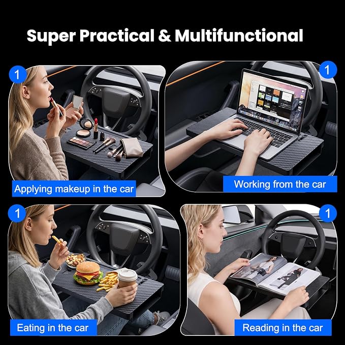 2-in-1 Car Steering Wheel Desk Tray & Slim Seat Gap Filler Organizer, Foldable Car Table for Eating Working, Carbon Fiber Car Laptop Tray & Seat Organizer for Car SUV Truck