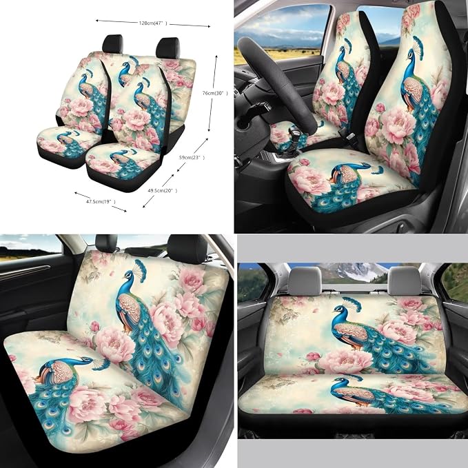 Suobstales Peacock Flower Print Car Accessories with Car Front Rear Split Seat Covers, Seat Belt Pads + Steering Wheel Cover + Coaster + Keyrings for Women Set of 11-Pcs