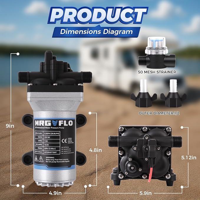 [Upgraded Version] 12V DC RV Fresh Water Pump, 5.5GPM 55PSI, Five Chamber Self-Priming Diaphragm Pump with Heavy Duty Pressure Switch & Strainer (12V-5.5GPM-55PSI)