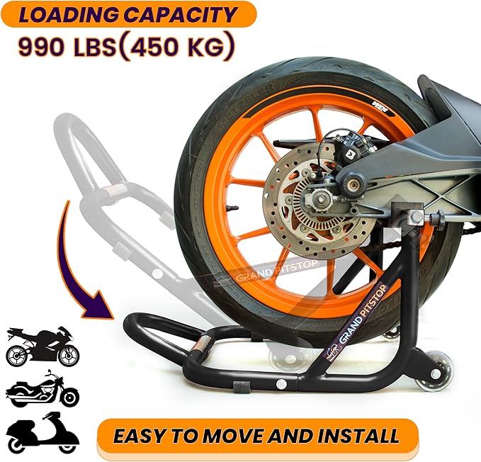 GRAND PITSTOP Motorcycle Stand, Paddock Lift Stand for Rear Wheel with Fork & Swingarm Spool,Weight Capacity 529 lbs/240 Kg's, Dismantable Stand, for Honda Kawasaki Suzuki Motorcycles, Black