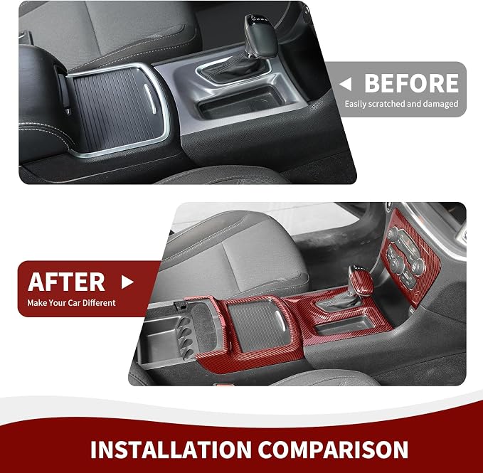 RAZPOY 5PCS Red Carbon Fiber Interior Trim Kit Compatible with 2015-2023 Dodge Charger Accessories, Gear Shift Cup Holder Cover Headlight Switch Air Conditioning Panel Trim