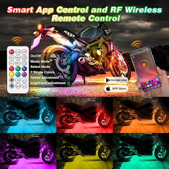 12PCS Chaser Motorcycle LED Lights Kit with APP/RF Remote, RGB+IC Dream Color Motorcycle Lights Underglow Kit with Brake Turn Signal, Neon Strip Multicolor 12v Waterproof for Harley Kawasaki