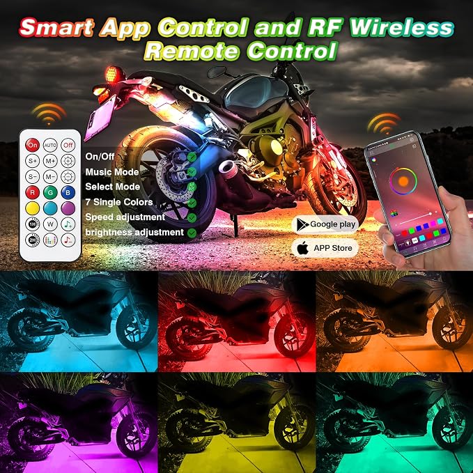 16PCS Chasing Effect Motorcycle RGB LED Lights Kit with APP/RF Remote Brake Turn Signal, Motorcycle LED Underglow Light Magic Strips kit Multi Color Underbody 12v Waterproof for Harley Honda