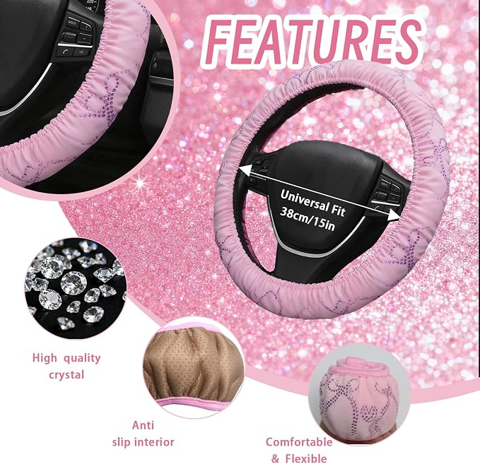 25 Pcs Butterfly Bling Women's Car Accessories Set,Universal 15 Inch Steering Wheel Cover,Bling Butterfly License Plate Frame and Car Coasters(Pink)