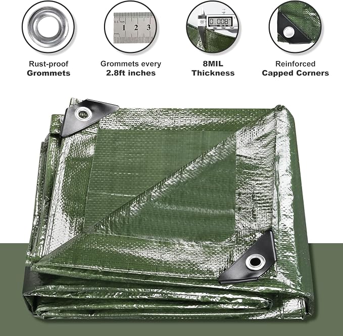 Tarps Waterproof 12x12 Feet, 2 Pack Heavy Duty Green Tarp Cover 8 Mil Thick, Resistant Plastic Tarpaulin with Metal Grommets, Outdoor Tent Cover for Emergency Rain