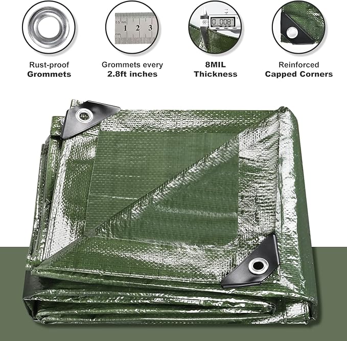 Tarps Waterproof 8x10 Feet, 2 Pack Heavy Duty Green Tarp Cover 8 Mil Thick, Resistant Plastic Tarpaulin with Metal Grommets, Outdoor Tent Cover for Emergency Rain