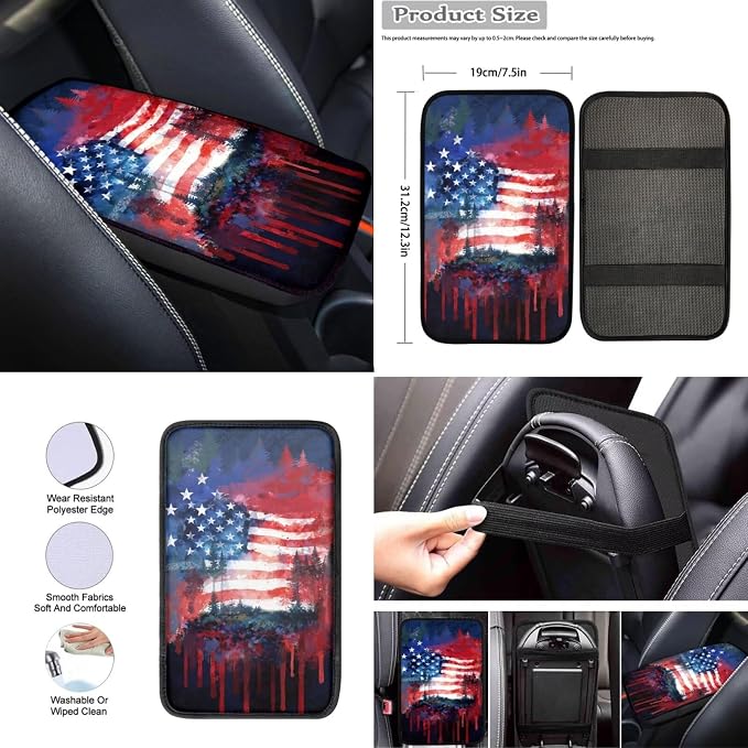 Wanyint Car Seat Cover Set 12 PCS, with Steering Wheel Cover Seat Belt Armrest Handbrake Gear Shift Knob Cover Set Coasters Auto Accessories, Watercolor American Flag Forest