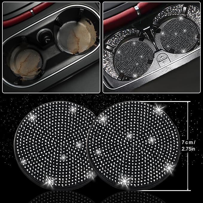 NBTEPEM 12 Pcs Bling Car Accessories Set for Women Car Floor Mats Full Set Steering Wheel Cover Seat Belt Covers Coasters Universal Fit Car SUV Truck Van Black